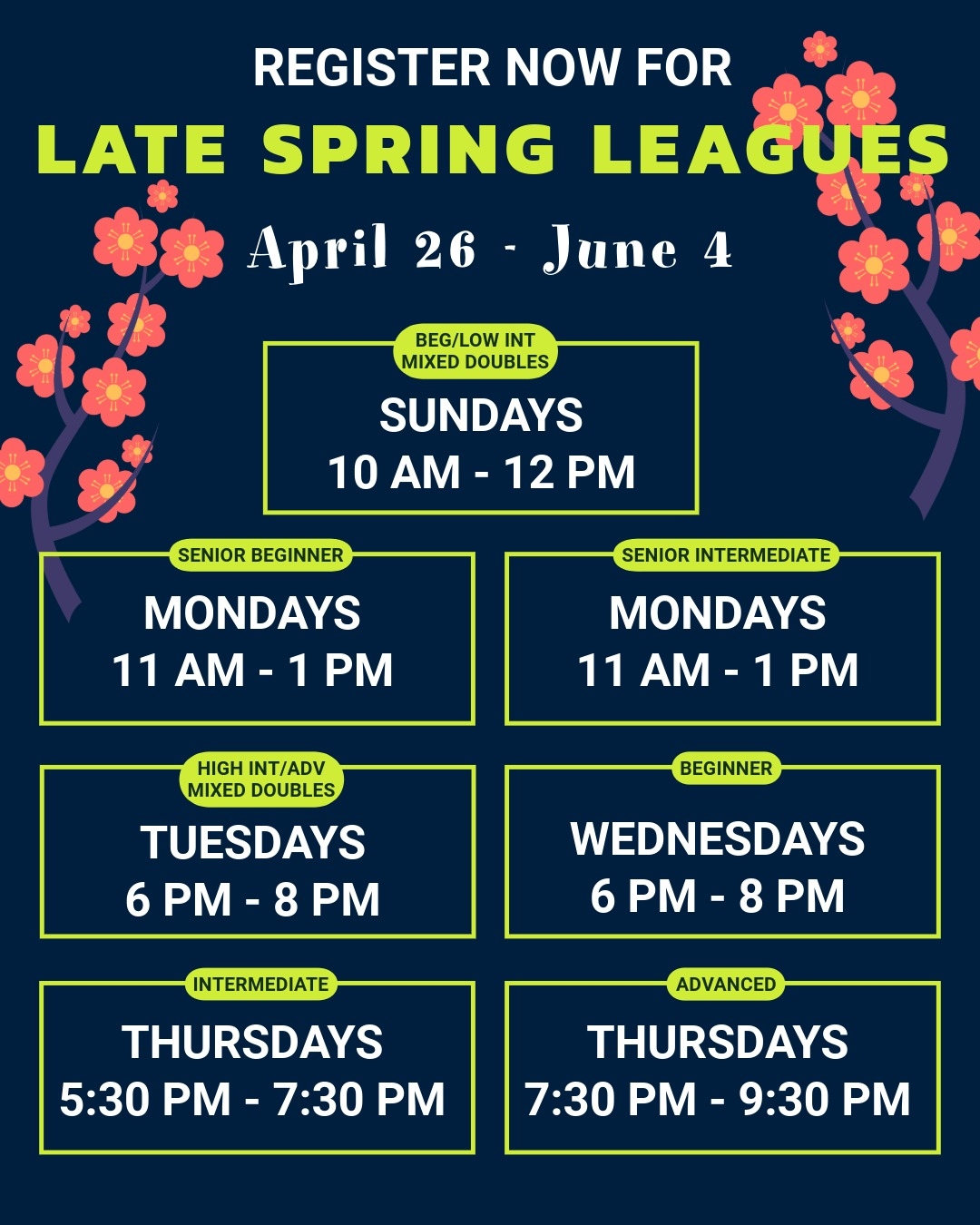 League play has been too fun this spring… so we’re keeping it rolling into late spring 🙌
Registration is now open in CourtReserve! Leagues kick off April 26th and run for 6 weeks. Whether you’re brand new or coming back for some friendly rivalry, there’s a spot for you.
A couple schedule updates this session:
🌸 Beg/Low Int Mixed Doubles → Sundays 10am–12pm
🌸 Beginner Co-Ed → Wednesdays 6pm–8pm
Need a partner for mixed doubles? We can help with that 🤝 Add your name to the sign-up sheet near the pro shop or check out the PPRC Community Chat on Facebook.
Shoutout to everyone who’s been part of league so far. It’s been amazing watching this community grow. 💚
Double tap if you're signing up!
#pprc #peakclub #indoorpickleball #bonneylakepickleball #bonneylakeliving #pickleballleagues #pickleballaddict
